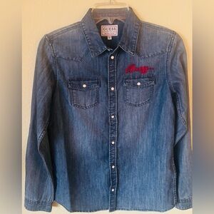 NWT Guess Denim Shirt w/Pearl Snap Buttons Guess LA  Embroidery On Back Size: M